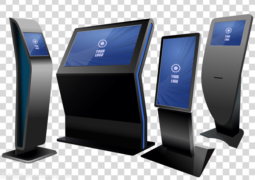 四宣傳互動信息亭, 廣告展示, 終端展臺, 觸摸屏顯示屏在透明背景下隔離。模擬模板